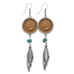 100 Year Old Indian Head Penny Feather Silvertone Earrings