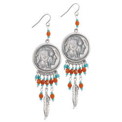 Buffalo Nickel Silvertone Feather Earrings