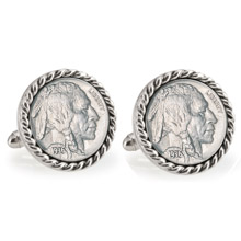 Buffalo Nickel Silvertone Rope Bezel Cuff Links