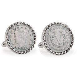 1883 First-Year-of-Issue Liberty Nickel Silvertone Rope Bezel Cuff Links