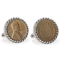 Lincoln Wheat-Ear Penny Cuff Silvertone Rope Bezel Cuff Links