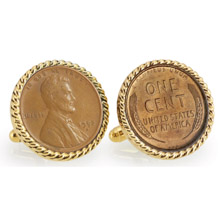 Lincoln Wheat-Ear Penny Cuff Goldtone Rope Bezel Cuff Links