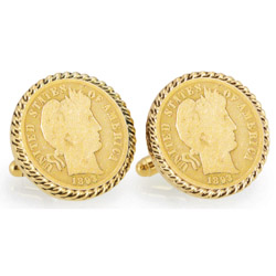 Gold-Layered 1800's Silver Barber Dime Goldtone Rope Bezel Cuff Links