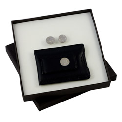 Buffalo Nickel Cuff Links and Black Leather Wallet Style Money Clip Boxed Gift Set