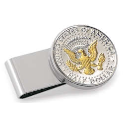 Selectively Gold-Layered Presidential Seal JFK Half Dollar Stainless Steel Silvertone Money Clip
