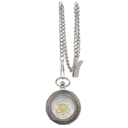 Selectively Gold-Layered Presidential Seal Half Dollar Silvertone Train Pocket Watch