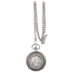 Silver Barber Half Dollar Silvertone Train Pocket Watch