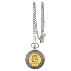 Gold-Layered JFK Half Dollar Silvertone Train Pocket Watch