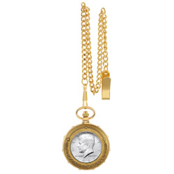 JFK Half Dollar Goldtone Train Pocket Watch with Skeleton Movement