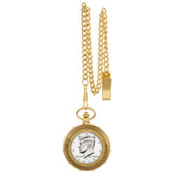 Proof JFK Half Dollar Goldtone Train Pocket Watch with Skeleton Movement