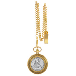 Silver Seated Liberty Half Dollar Goldtone Train Pocket Watch with Skeleton Movement