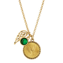 Gold Tone Angel Coin Pendant with Emerald Stone and Wing