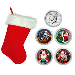 Santa Coin Collection In Christmas Stocking