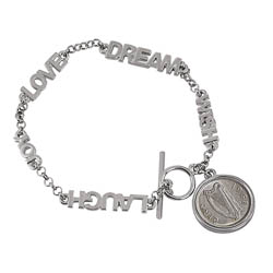 Inspirational Dream Wish Love Laugh Joy Irish Threepence Coin Toggle Bracelet