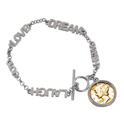 Gold-Layered Silver Mercury Dime Inspirational Dream Wish Love Laugh Joy Coin Bracelet