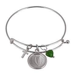 Irish Three Pence Cross and Heart Silver Tone Coin Bangle Bracelet