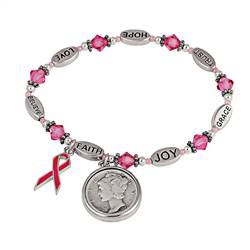 Silver Mercury Dime Survivor Pink Ribbon Charm Bracelet