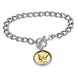 24KT Gold Plated Silver Mercury Dime Silvertone Coin Toggle Bracelet