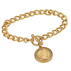 24KT Gold Plated Silver Barber Dime Goldtone Coin Toggle Bracelet