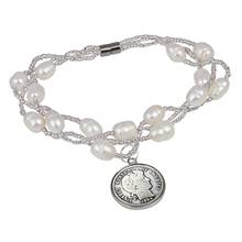Silver Barber Dime Freshwater Pearl Magnetic Closure Coin Bracelet