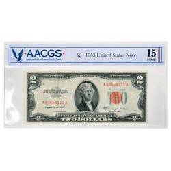 Series 1953 $2 United States Note Graded Fine 15 by AACGS