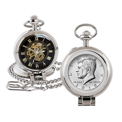 JFK Half Dollar Coin Pocket Watch with Skeleton Movement - Black Dial with Gold Roman Numerals