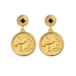 Gold Layered Hummingbird Coin Goldtone Art Deco Earrings With Black Stone