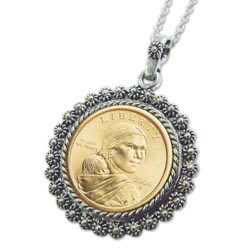 Sacagawea Dollar Pendant in Silvertone Bezel