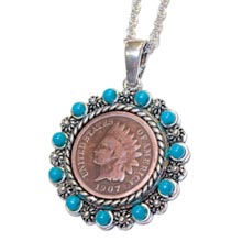 Indian Head Penny Pendant with Real Turquoise Beads