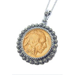 Gold-Layered Buffalo Nickel Silvertone Blossom Pendant 24" Chain