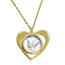 Mercury Dime Goldtone Heart Pendant