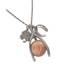 Lucky Irish Penny Silvertone Wish Bone Pendant