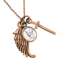 Mercury Dime Cross and Wing Coppertone Pendant