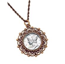 Silver Mercury Dime Coppertone Beaded Pendant