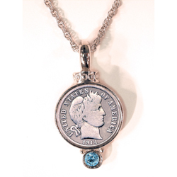 Silver Barber Dime Pendant with Aqua Crystal