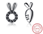 .925 Sterling Silver and Black Crystal Bunny and Carrot Earrings