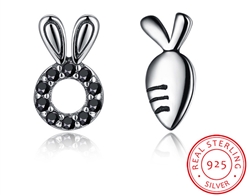 .925 Sterling Silver and Black Crystal Bunny and Carrot Earrings