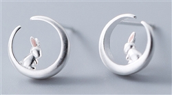 .925 Sterling Silver Moon Bunny Earrings