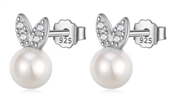 .925 Sterling Silver Crystal and Pearl Bunny Stud Earrings
