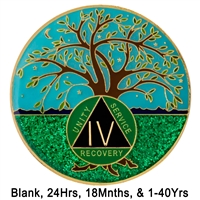 Willing to Grow Along Spiritual Lines - Painted AA Anniversary Medallion with AA Logo | $14.00 ea
Light Blue Sky, Green Sparkle Grass and a Tree on Gold Plated