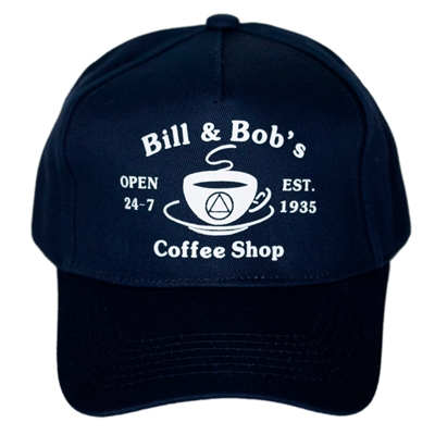 AA Bill and Bob's Coffee Shop Blue Hat with White Text and Logo