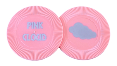 Pink Poker Chip with the words Pink Cloud on one sides and a graphic of a cloud in Silver on the reverse.
