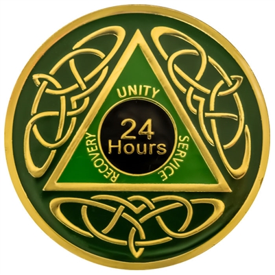 Painted AA Medallion with AA Logo and Celtic Knot Design on a Forest Green Background