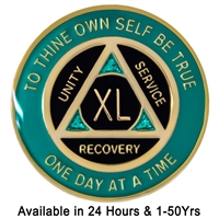 AA Sobriety Chip | Teal - Black & Teal Sparkle on Gold-plate Painted Anniversary Medallion | Recovery Emporium Design |  $14.00