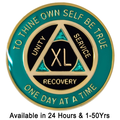 AA Sobriety Chip | Teal - Black & Teal Sparkle on Gold-plate Painted Anniversary Medallion | Recovery Emporium Design |  $14.00