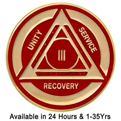 AA Chip | Red and Red Sparkle on Gold Tri-Plate Anniversary Medallion | Recovery Emporium Design |  $14.00