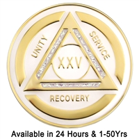 AA Chip | White and Iridescent Sparkle on Gold Tri-Plate Anniversary Medallion | Recovery Emporium Design | $14.00