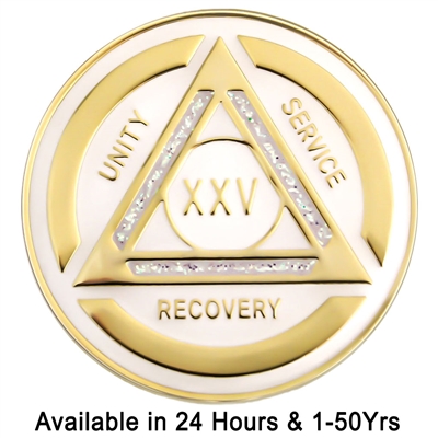 Sale Price: $10.50 | AA Chip | White and Iridescent Sparkle on Gold Tri-Plate Anniversary Medallion | Recovery Emporium Design |