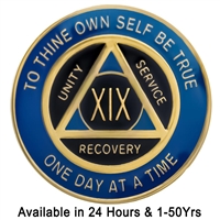 AA Chip | Blue & Black on Gold Tri-Plate Anniversary Medallion | Recovery Emporium Design | $14.00