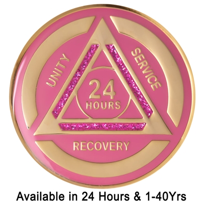AA Chip | Pink and Pink Sparkle on Gold Tri-Plate Anniversary Medallion | Recovery Emporium Design | $14.00